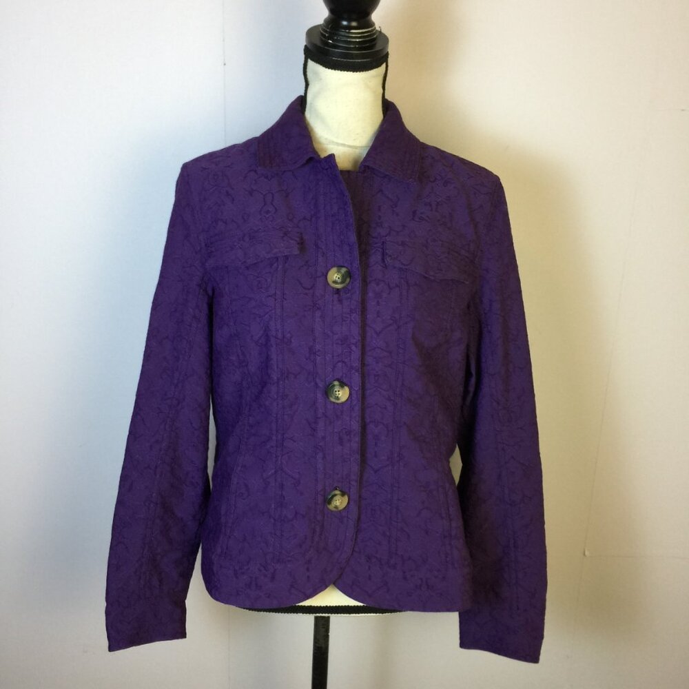 Coldwater Creek Jacket Size 12 Womans Purple Floral Button Front Long Sleeve